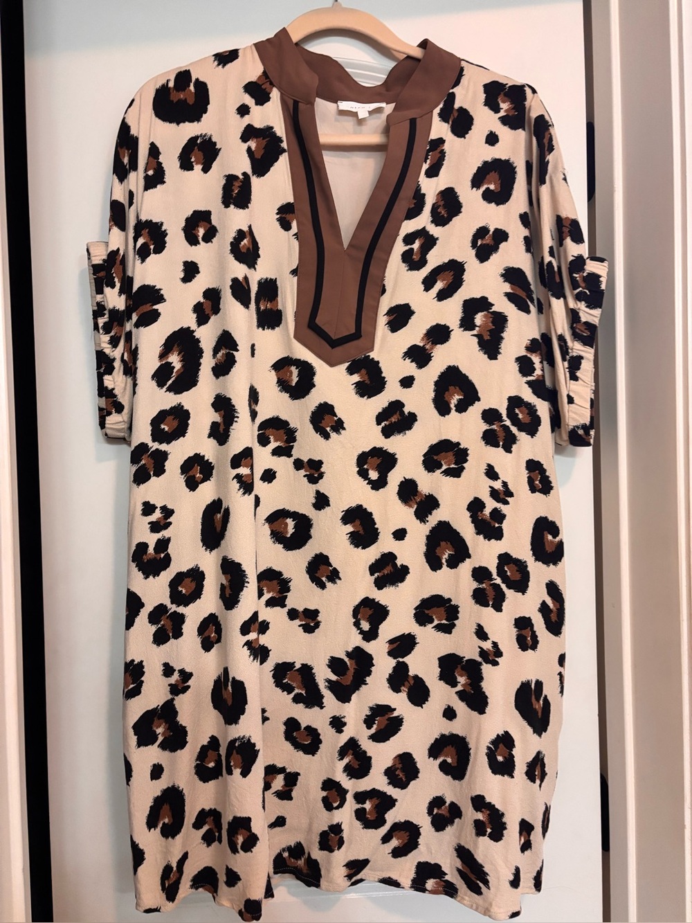 entro Beige Leopard Print Tunic Dress with Brown Trim